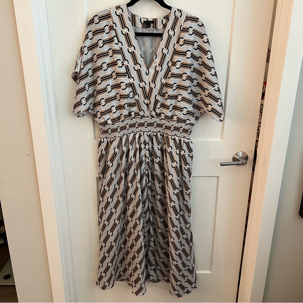 Ann Taylor ladies dress large midi dolman sleeves blue chain print EUC